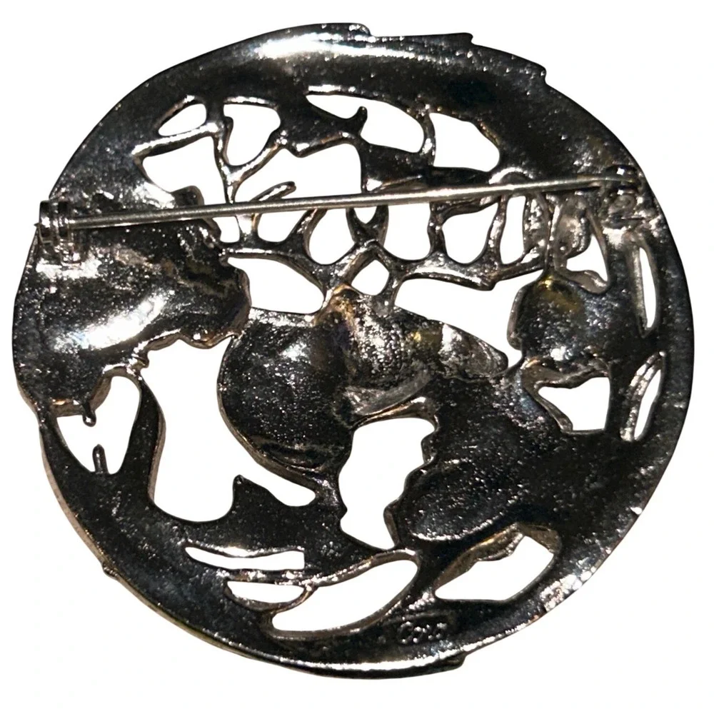 Vintage Coro Silver Tone Deer Stag Floral Round Openwork Brooch Pin‎ Signed